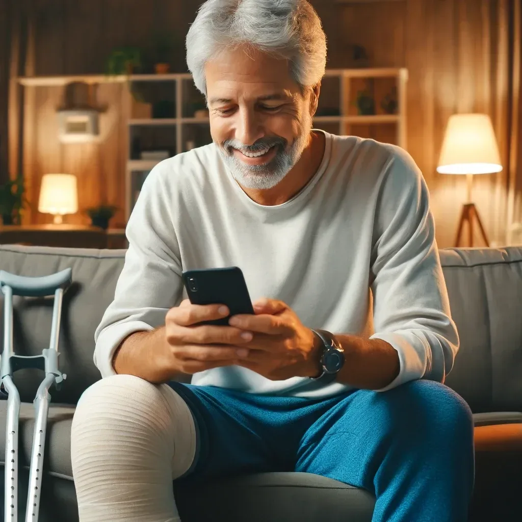 A 60-year-old man, having recently undergone knee replacement surgery, is sitting on a couch at home. He appears content, smiling as he texts on his A